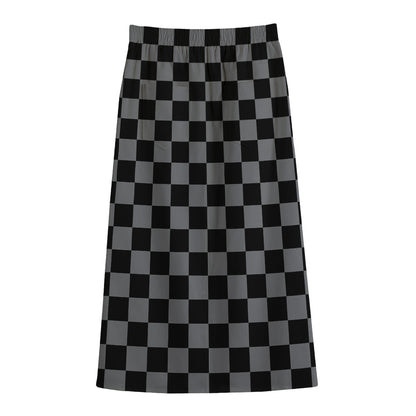 Grey And Black Checkered Pattern Print Cotton Front Slit Maxi Skirt
