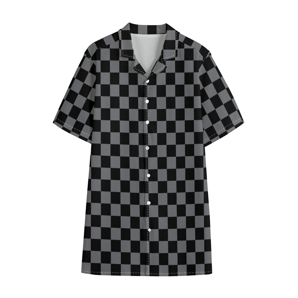 Grey And Black Checkered Pattern Print Cotton Hawaiian Shirt