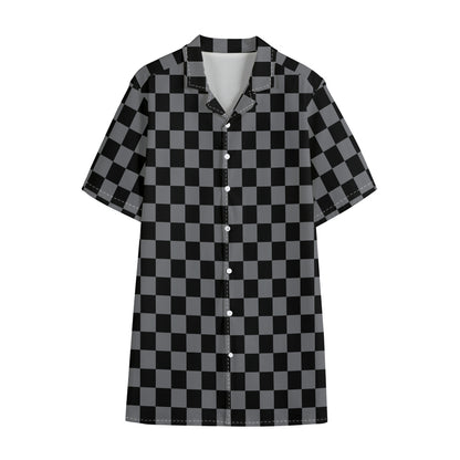 Grey And Black Checkered Pattern Print Cotton Hawaiian Shirt