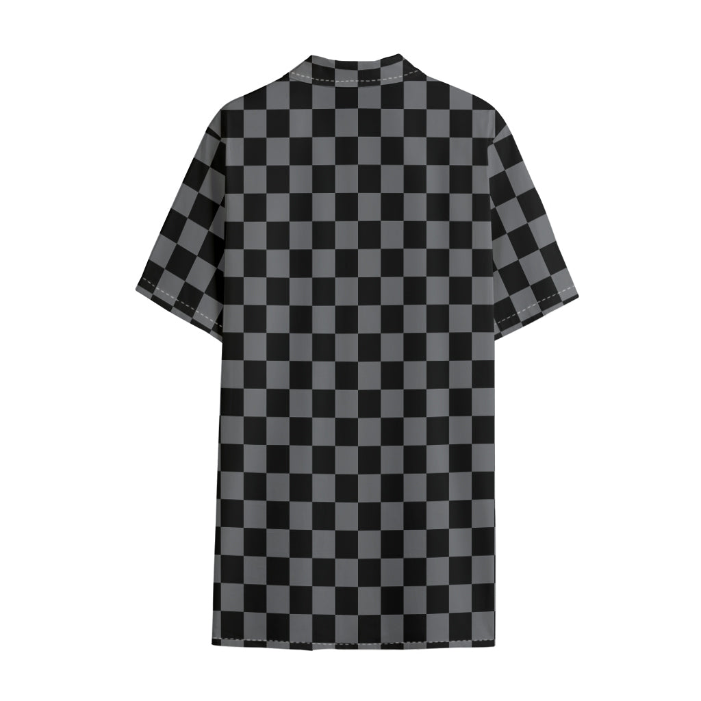 Grey And Black Checkered Pattern Print Cotton Hawaiian Shirt