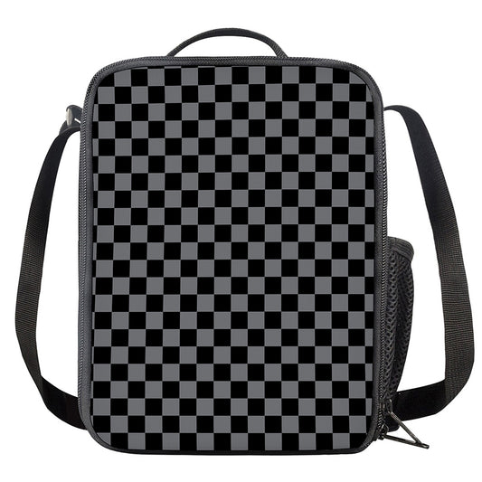 Grey And Black Checkered Pattern Print Crossbody Lunch Bag