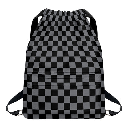 Grey And Black Checkered Pattern Print Drawstring Backpack