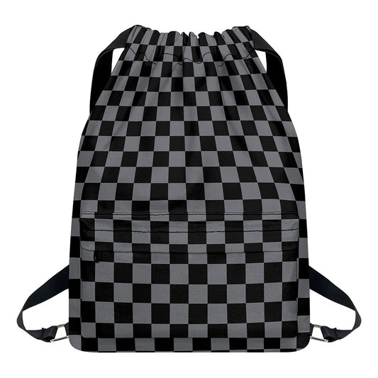 Grey And Black Checkered Pattern Print Drawstring Backpack