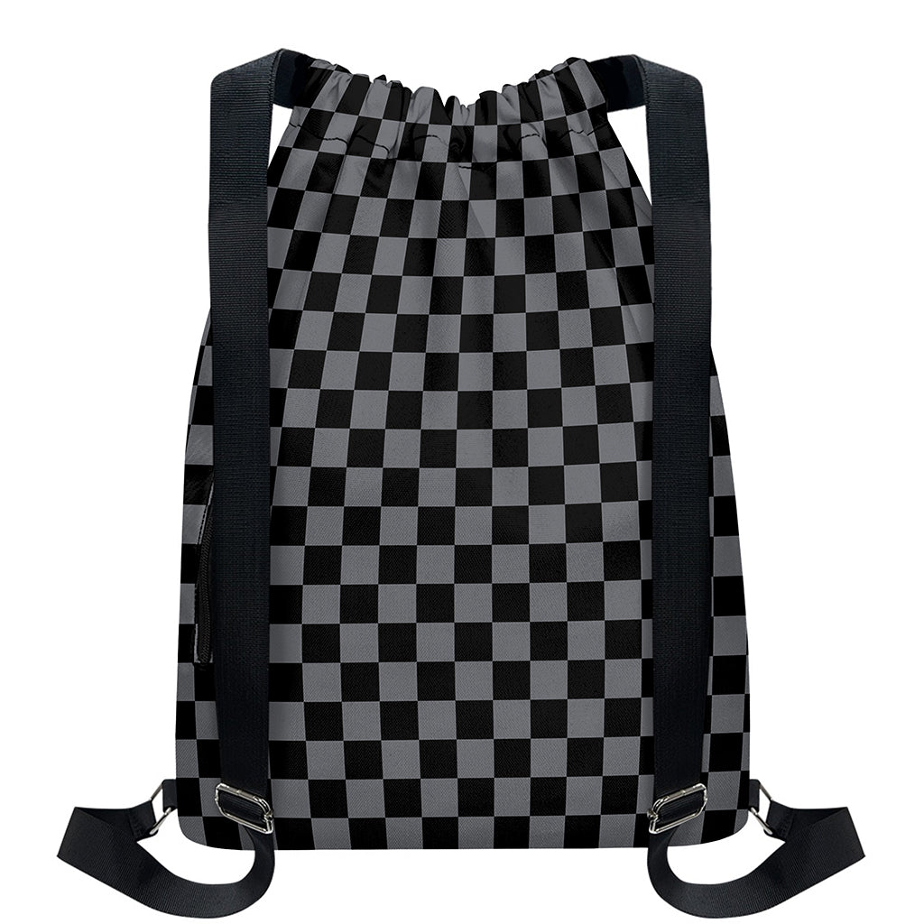 Grey And Black Checkered Pattern Print Drawstring Backpack