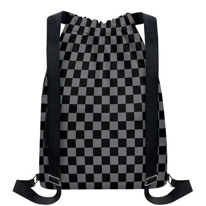 Grey And Black Checkered Pattern Print Drawstring Backpack
