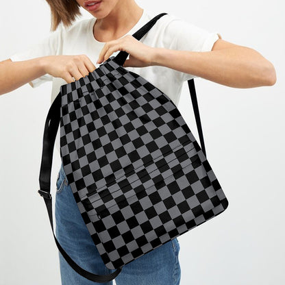 Grey And Black Checkered Pattern Print Drawstring Backpack