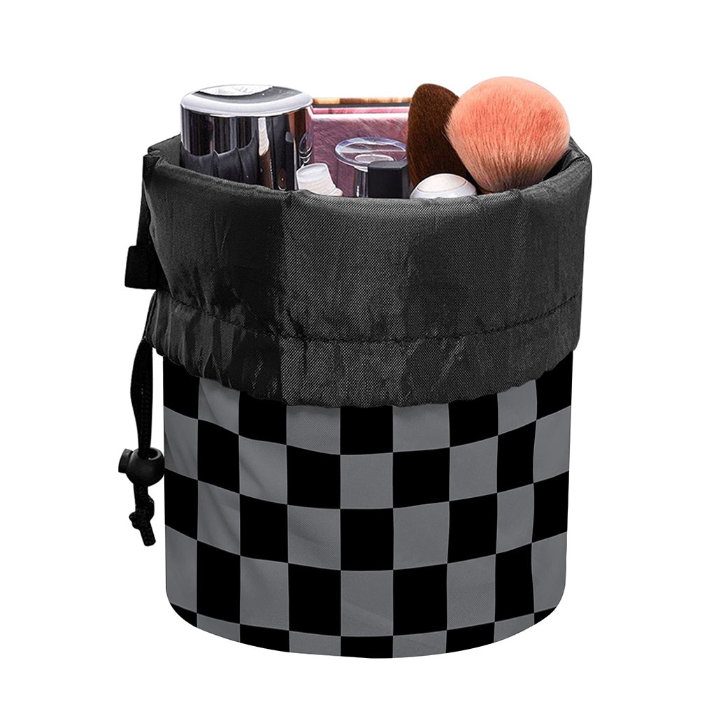 Grey And Black Checkered Pattern Print Drawstring Makeup Bag