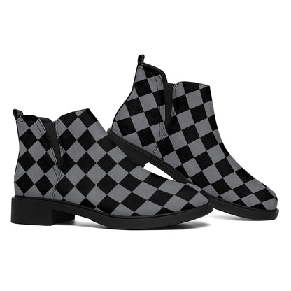 Grey And Black Checkered Pattern Print Flat Ankle Boots