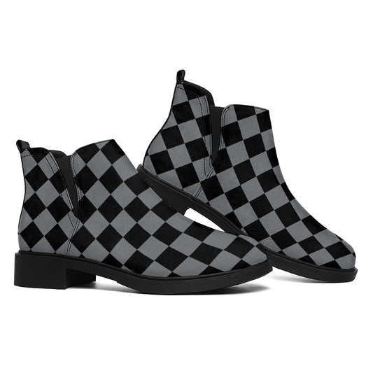 Grey And Black Checkered Pattern Print Flat Ankle Boots