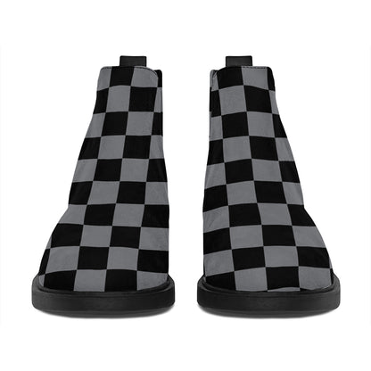 Grey And Black Checkered Pattern Print Flat Ankle Boots
