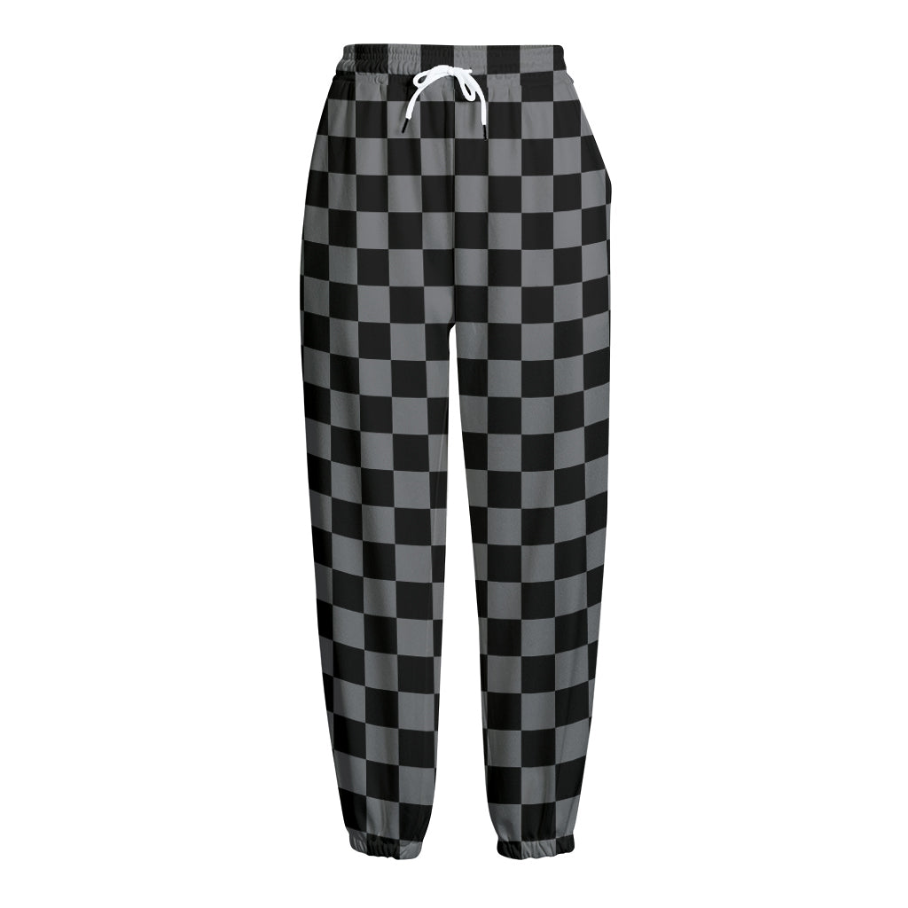 Grey And Black Checkered Pattern Print Fleece Lined Knit Pants
