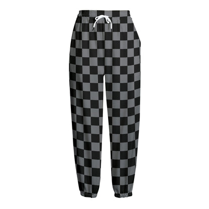 Grey And Black Checkered Pattern Print Fleece Lined Knit Pants
