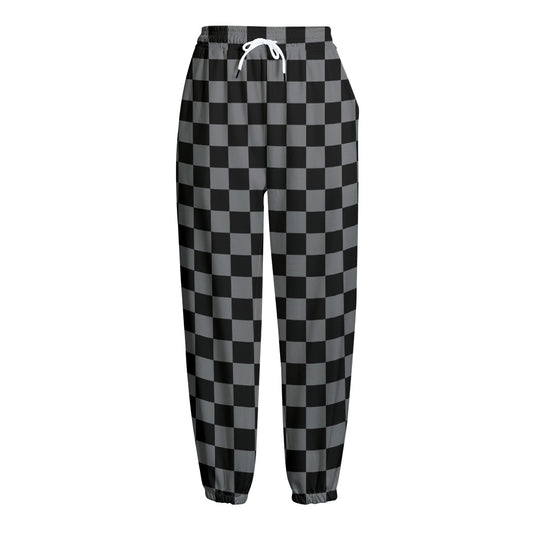 Grey And Black Checkered Pattern Print Fleece Lined Knit Pants