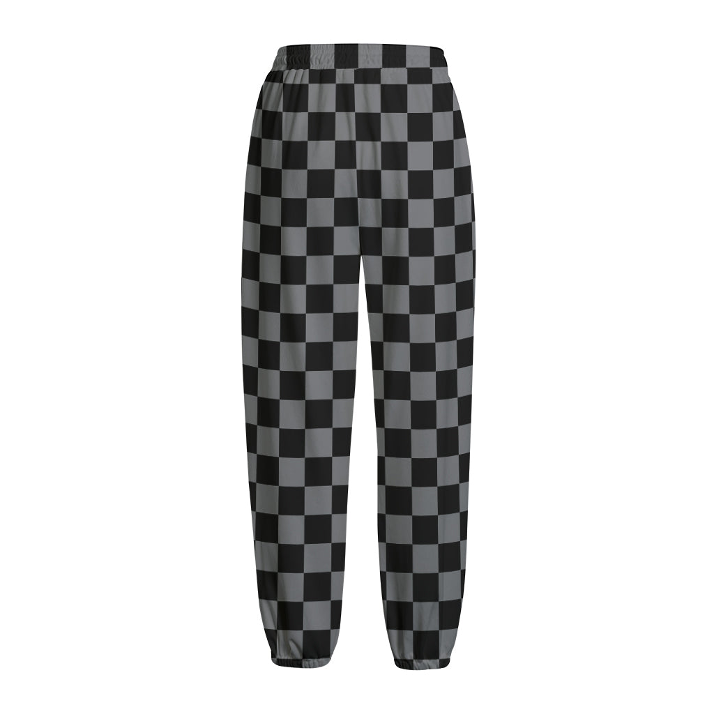 Grey And Black Checkered Pattern Print Fleece Lined Knit Pants