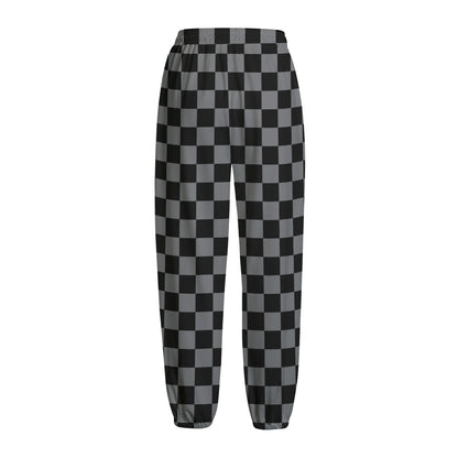 Grey And Black Checkered Pattern Print Fleece Lined Knit Pants