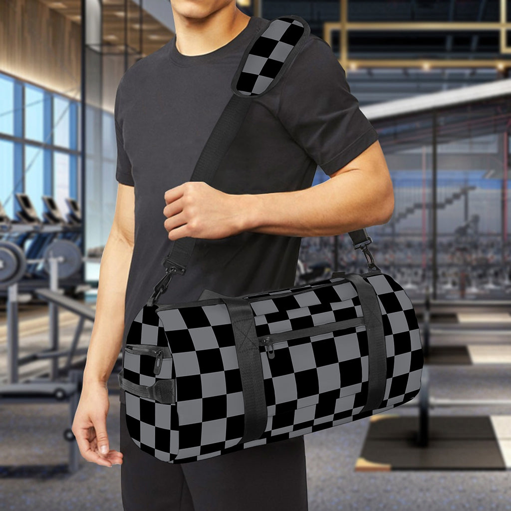 Grey And Black Checkered Pattern Print Gym Bag