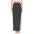 Grey And Black Checkered Pattern Print High Slit Maxi Skirt