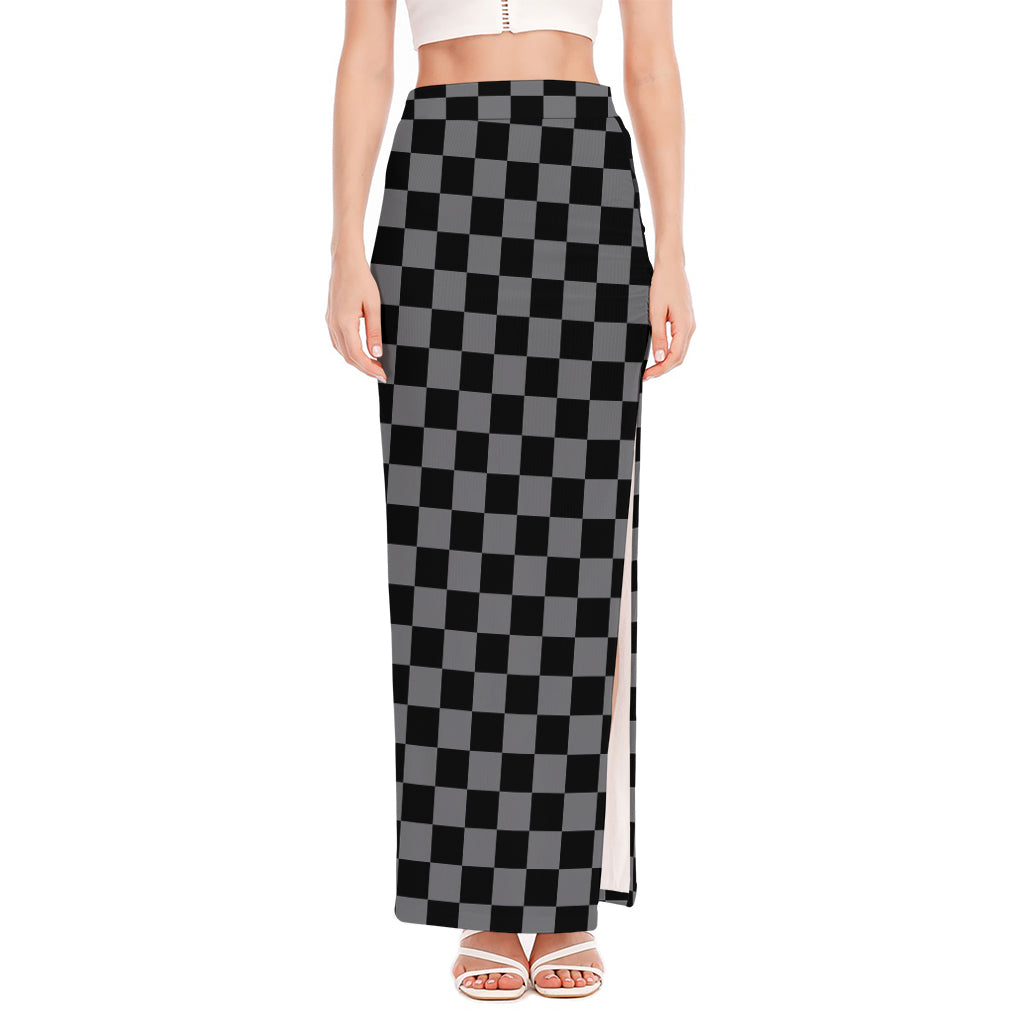 Grey And Black Checkered Pattern Print High Slit Maxi Skirt