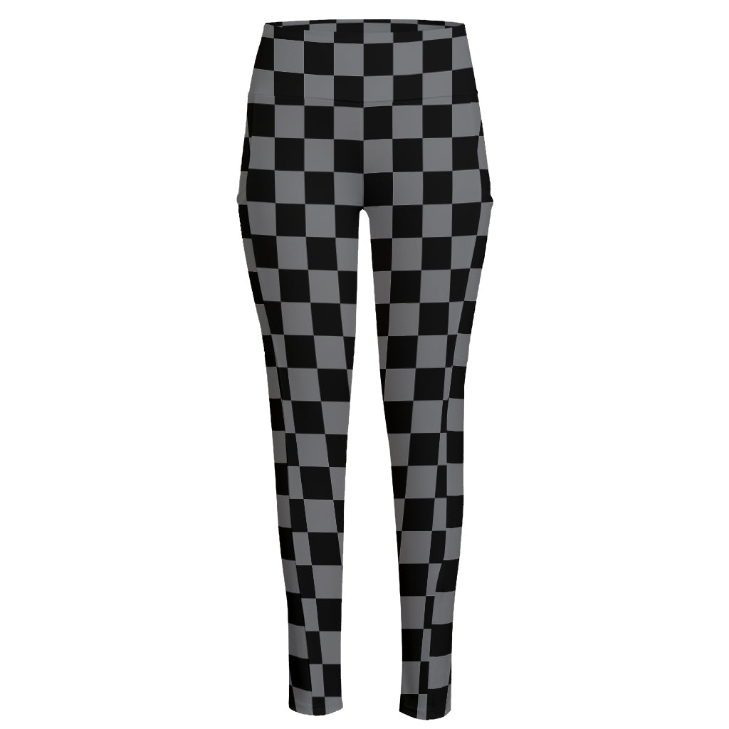 Grey And Black Checkered Pattern Print High-Waisted Pocket Leggings