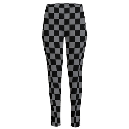 Grey And Black Checkered Pattern Print High-Waisted Pocket Leggings
