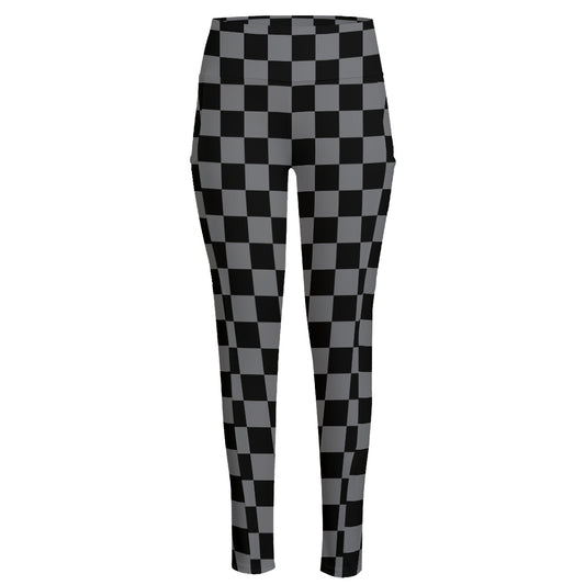 Grey And Black Checkered Pattern Print High-Waisted Pocket Leggings