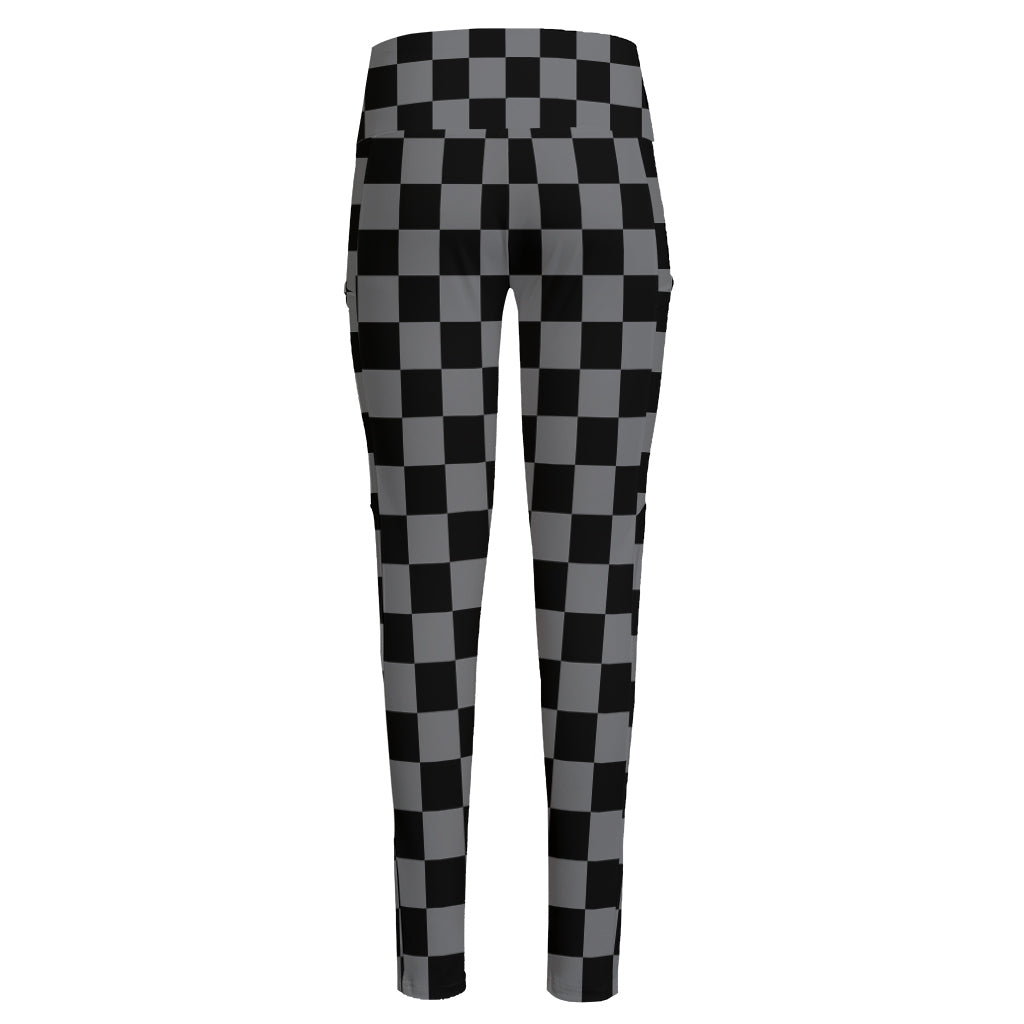 Grey And Black Checkered Pattern Print High-Waisted Pocket Leggings