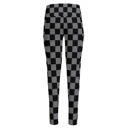 Grey And Black Checkered Pattern Print High-Waisted Pocket Leggings