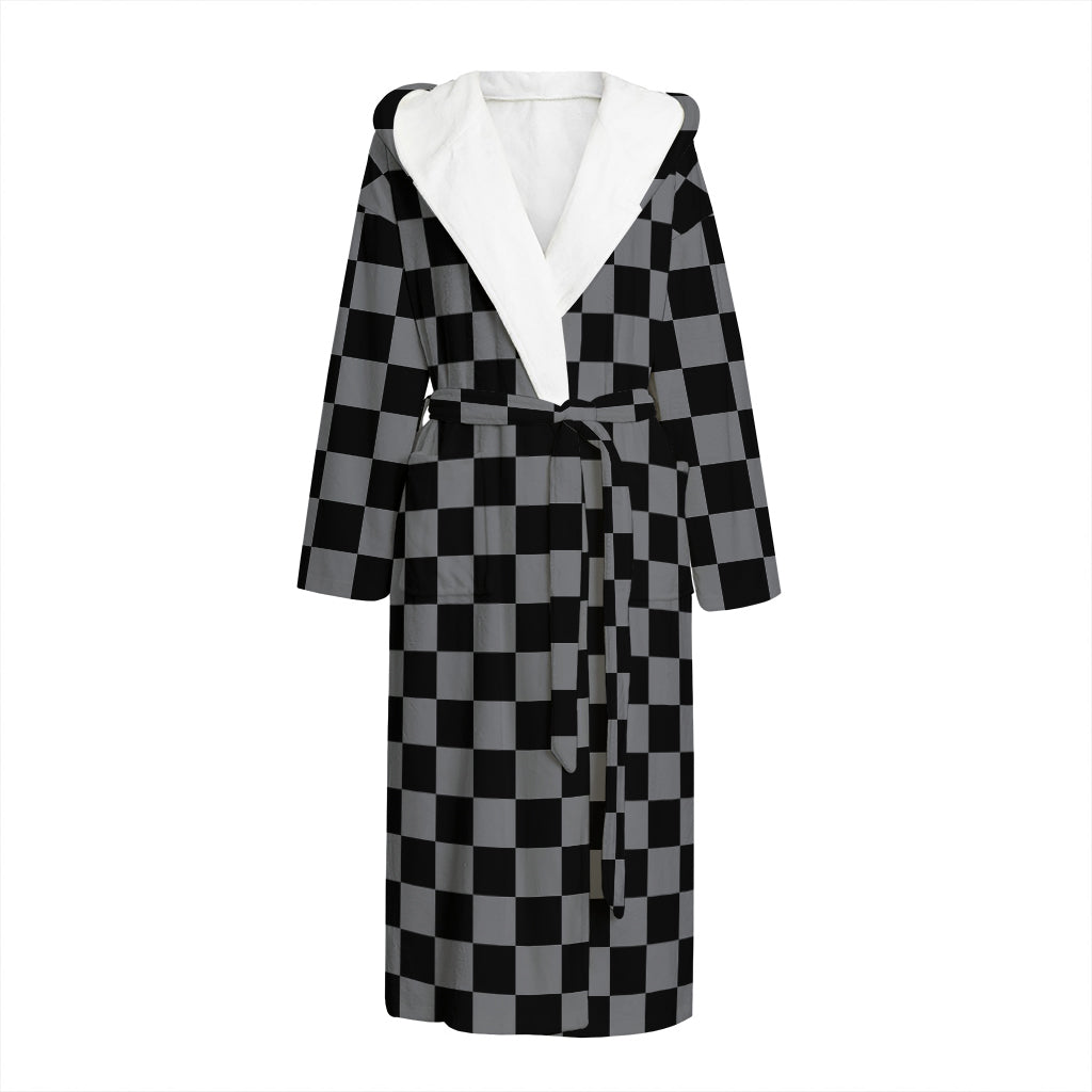 Grey And Black Checkered Pattern Print Hooded Bathrobe