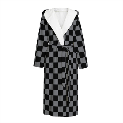 Grey And Black Checkered Pattern Print Hooded Bathrobe