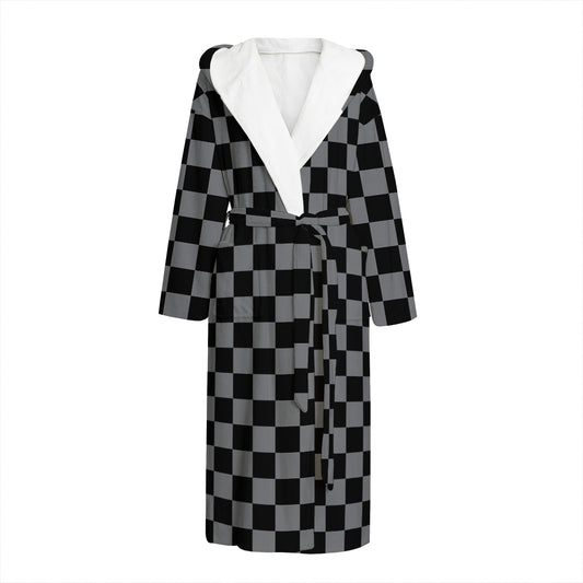 Grey And Black Checkered Pattern Print Hooded Bathrobe