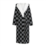 Grey And Black Checkered Pattern Print Hooded Bathrobe