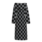 Grey And Black Checkered Pattern Print Hooded Bathrobe