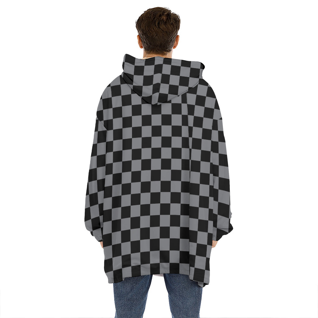 Grey And Black Checkered Pattern Print Hoodie Blanket