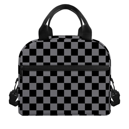 Grey And Black Checkered Pattern Print Insulated Lunch Bag
