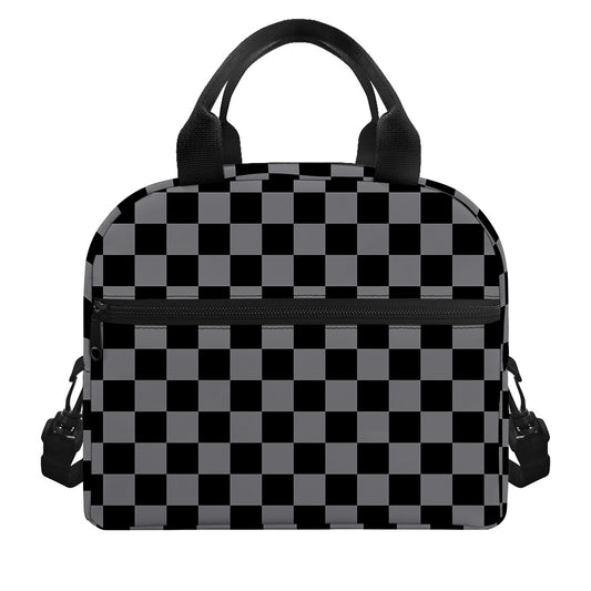 Grey And Black Checkered Pattern Print Insulated Lunch Bag