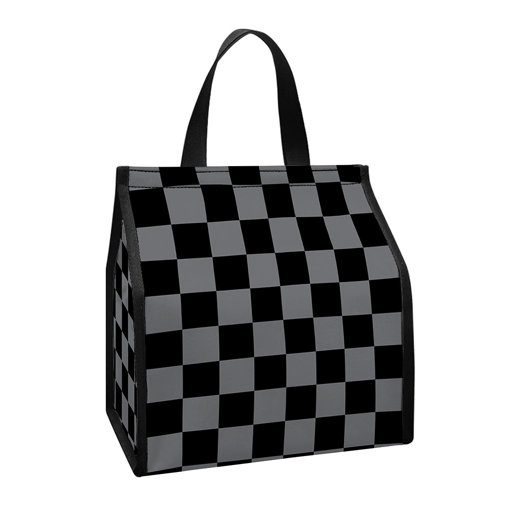 Grey And Black Checkered Pattern Print Insulated Lunch Tote