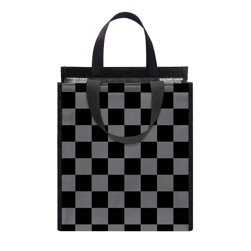 Grey And Black Checkered Pattern Print Insulated Lunch Tote