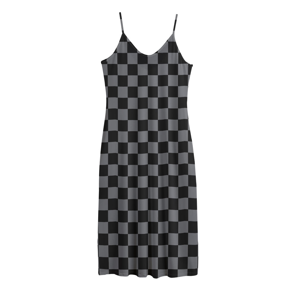Grey And Black Checkered Pattern Print Jersey Midi Cami Dress