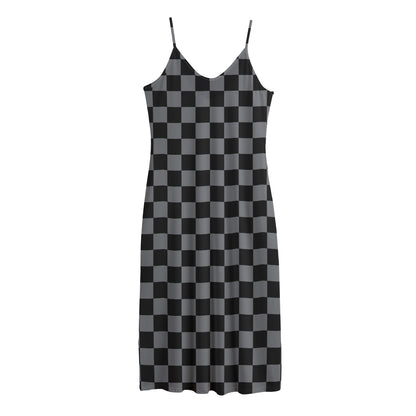 Grey And Black Checkered Pattern Print Jersey Midi Cami Dress