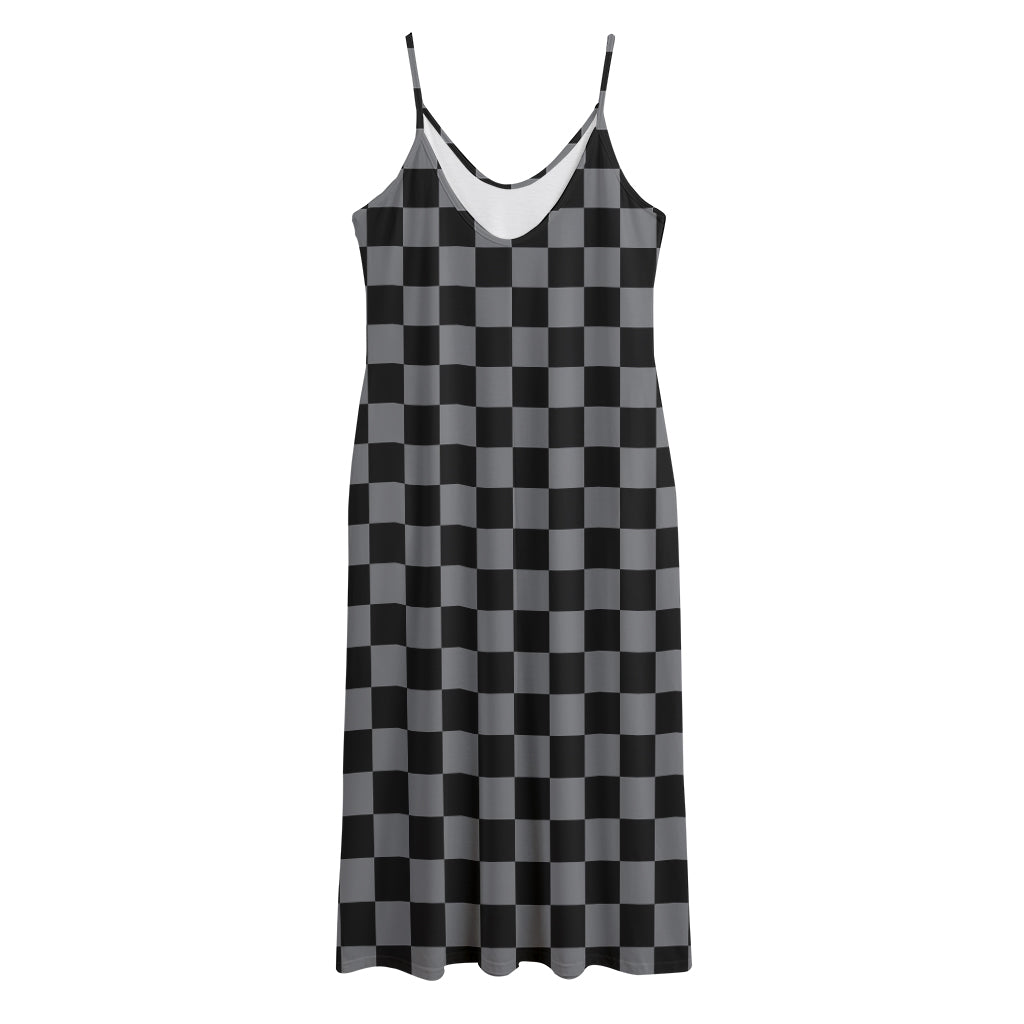 Grey And Black Checkered Pattern Print Jersey Midi Cami Dress