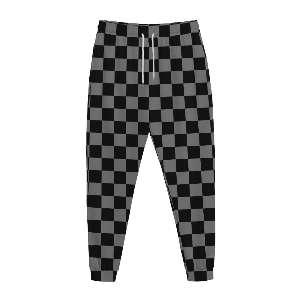 Grey And Black Checkered Pattern Print Jogger Pants
