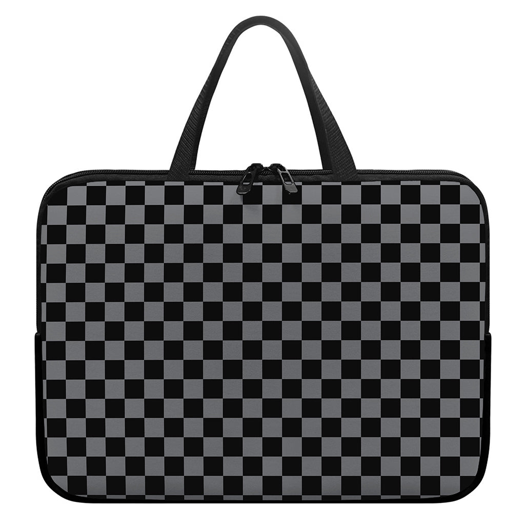 Grey And Black Checkered Pattern Print Laptop Sleeve With Handle
