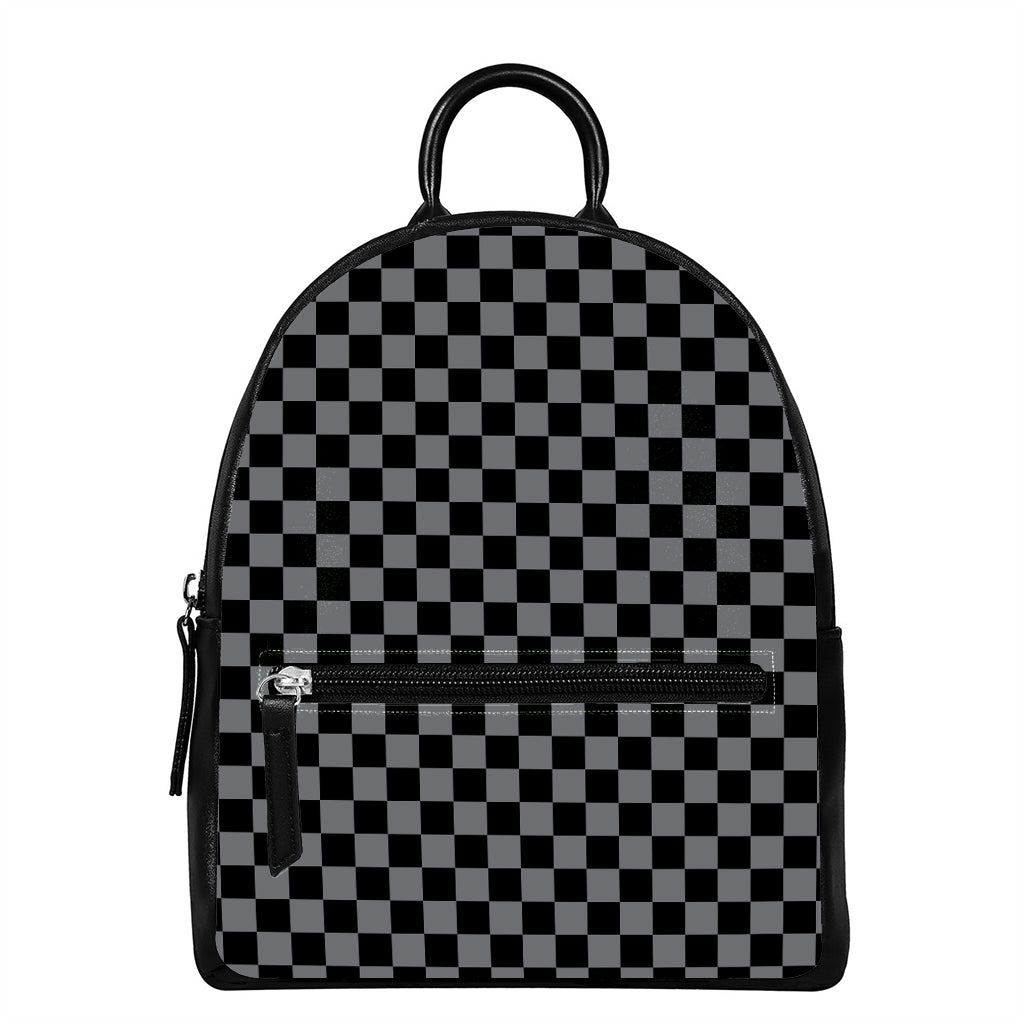 Grey And Black Checkered Pattern Print Leather Backpack