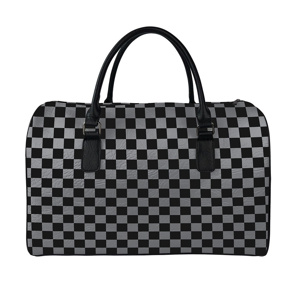 Grey And Black Checkered Pattern Print Leather Duffle Bag