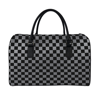 Grey And Black Checkered Pattern Print Leather Duffle Bag