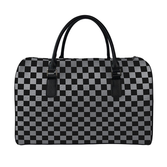 Grey And Black Checkered Pattern Print Leather Duffle Bag