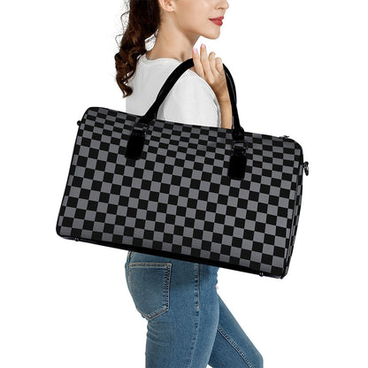 Grey And Black Checkered Pattern Print Leather Duffle Bag