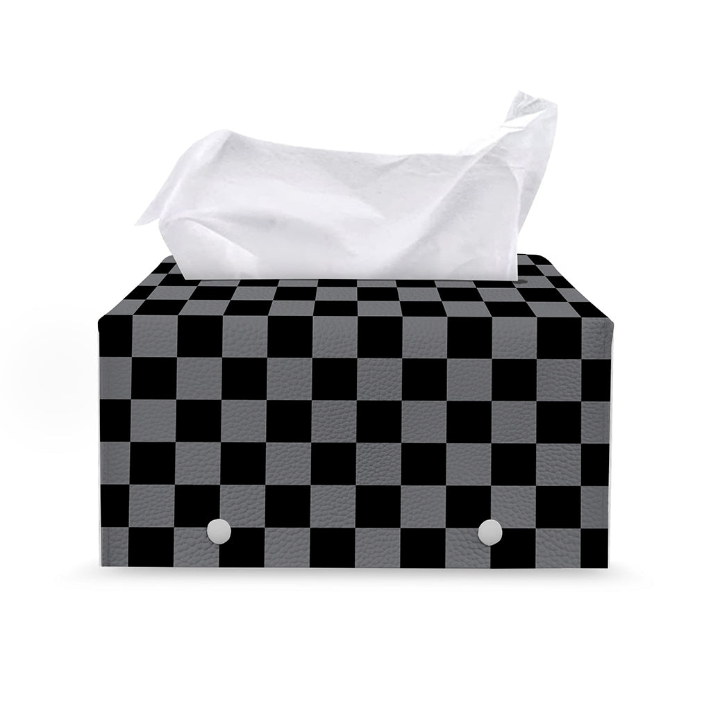 Grey And Black Checkered Pattern Print Leather Tissue Box Cover
