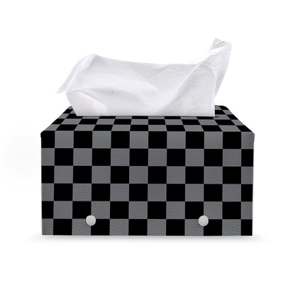 Grey And Black Checkered Pattern Print Leather Tissue Box Cover