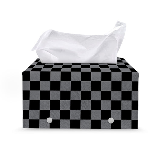 Grey And Black Checkered Pattern Print Leather Tissue Box Cover